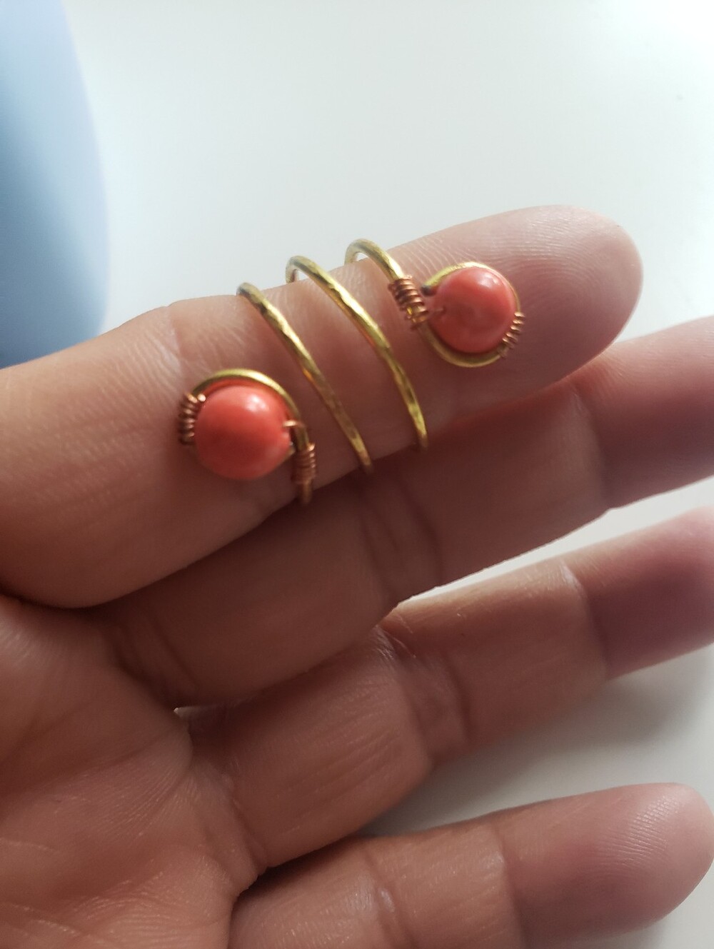 New Hammered Gold Spiral Adjustable Ring with Coral Pink Beads